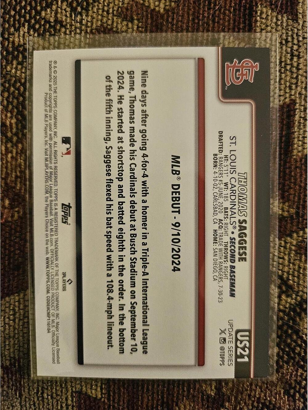 2025 Topps Update - Thomas Saggese - RC  #US21 - Cardinals - RAW Mint - Picture 2 of 2